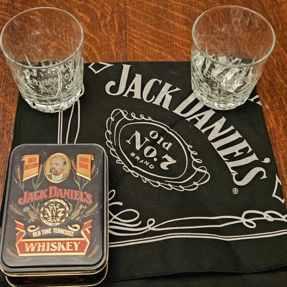 Jack Daniels Other - Jack Daniels Whiskey Gift Set 2 Lowball Glasses, Tin and Old No. 7 Bandana